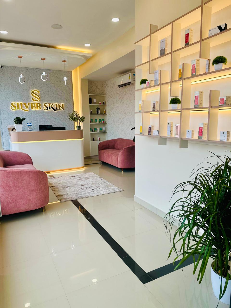 Silver Skin Clinic reception lounge and product display wall